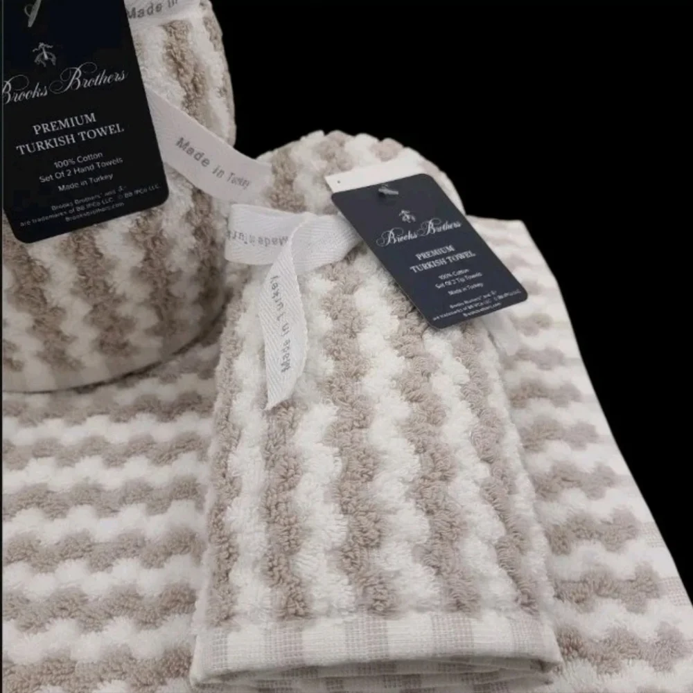6pc BROOKS BROTHERS Tan White THICK PLUSH Bath Hand Tip TURKISH Towel Set New - Picture 3 of 8